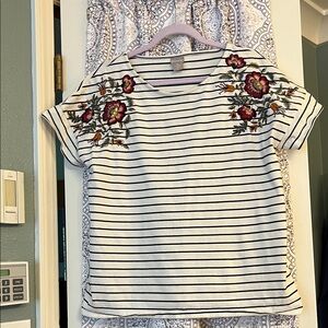 Chico's Black and White Striped Tee with Floral Embroidery
